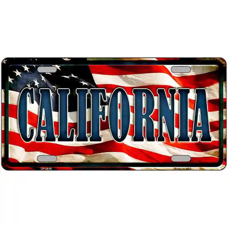 CALIFORNIA on American Flag Metal Novelty License Plate
