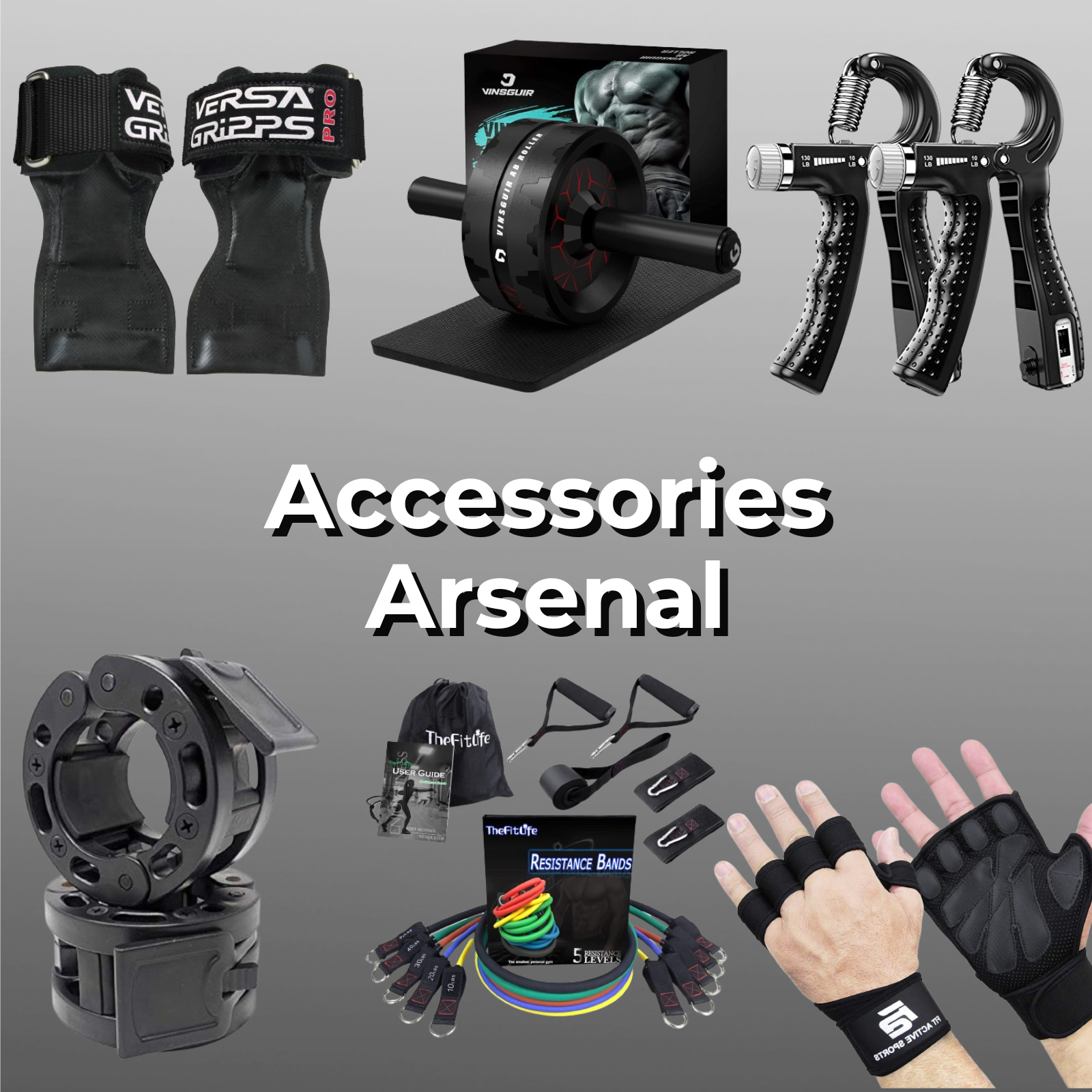 Fitness accessories like workout gloves, resistance bands, and ab roller wheels for enhanced workouts.