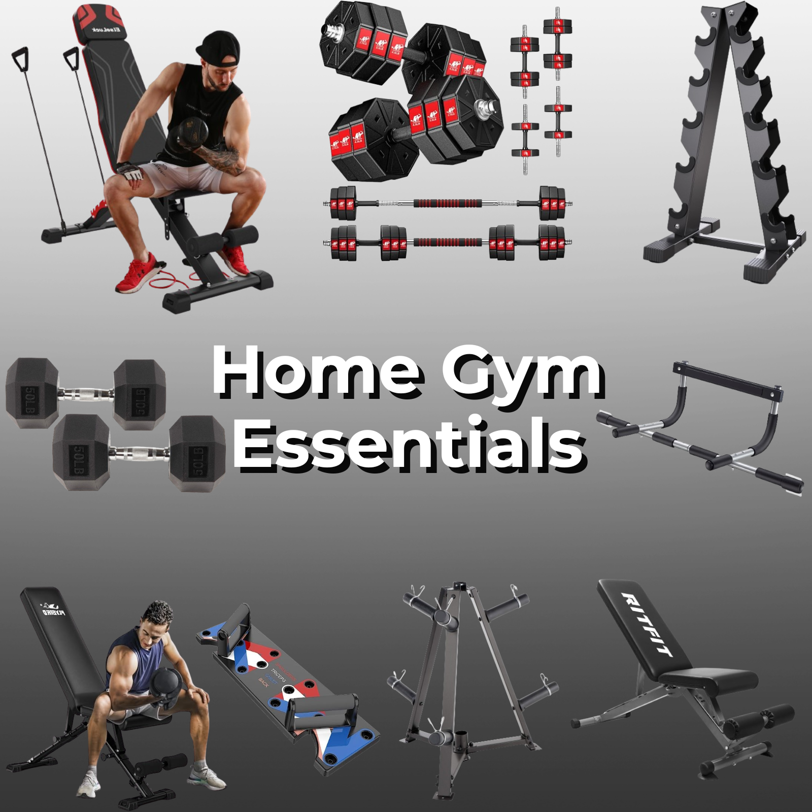 A variety of home gym equipment including adjustable benches, indoor rowing machines, and pedal exercisers.
