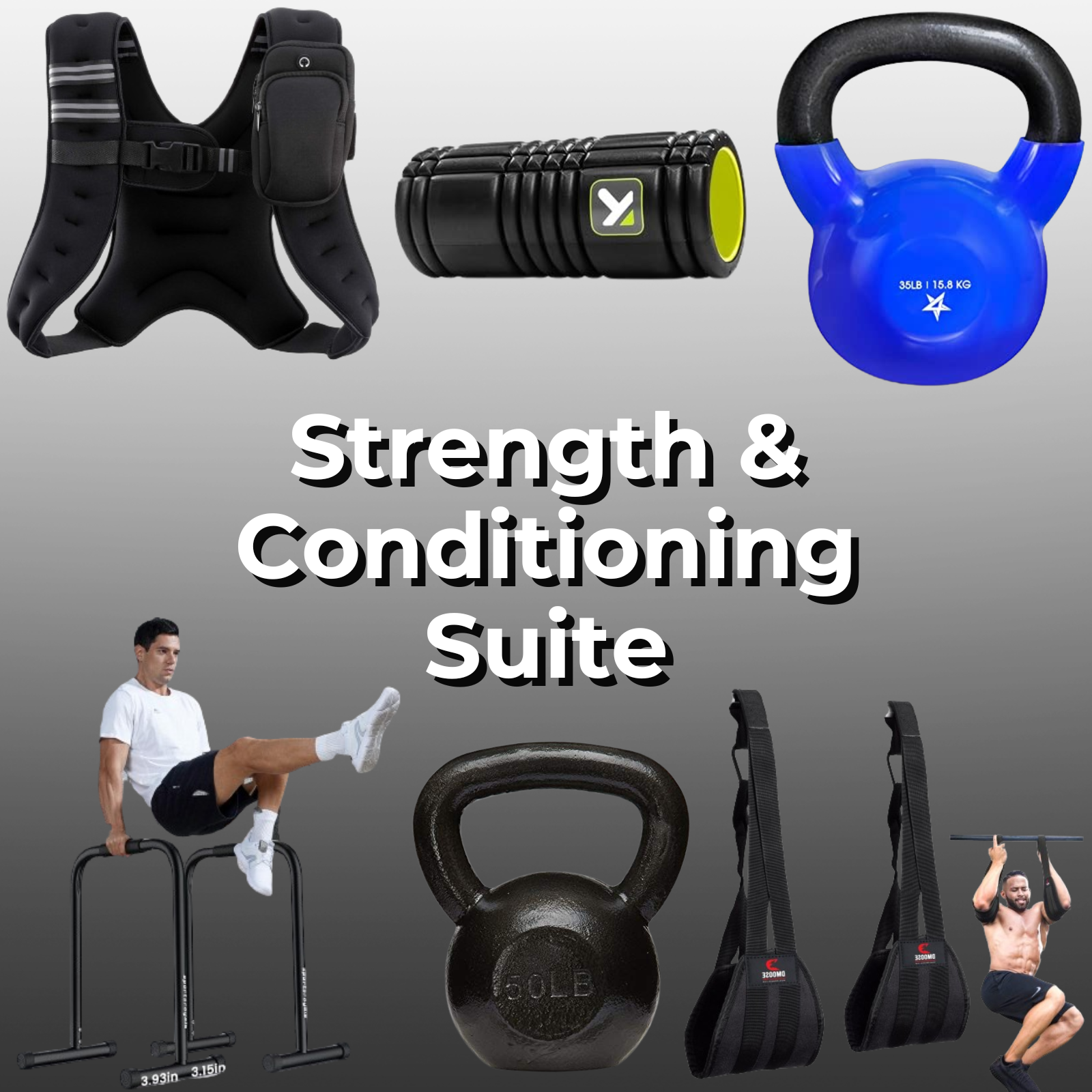 Assorted strength and conditioning products including kettlebells, weighted vests, and arm supports.