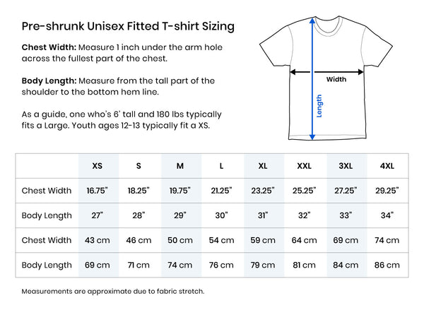 Size Chart - Pre-shrunk Unisex Fitted T-shirt