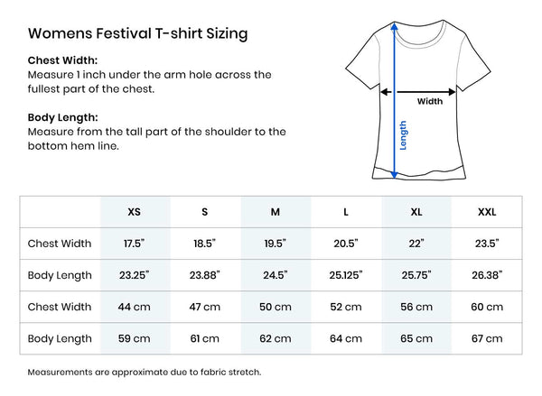 Tabla de tallas: camiseta de festival para mujer