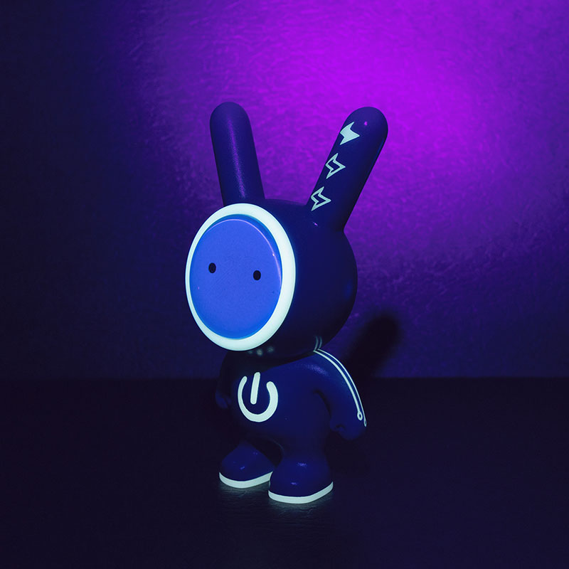 4 inch glow in the dark Power Up Space Rabbit art toy - collaboration with Story Spark