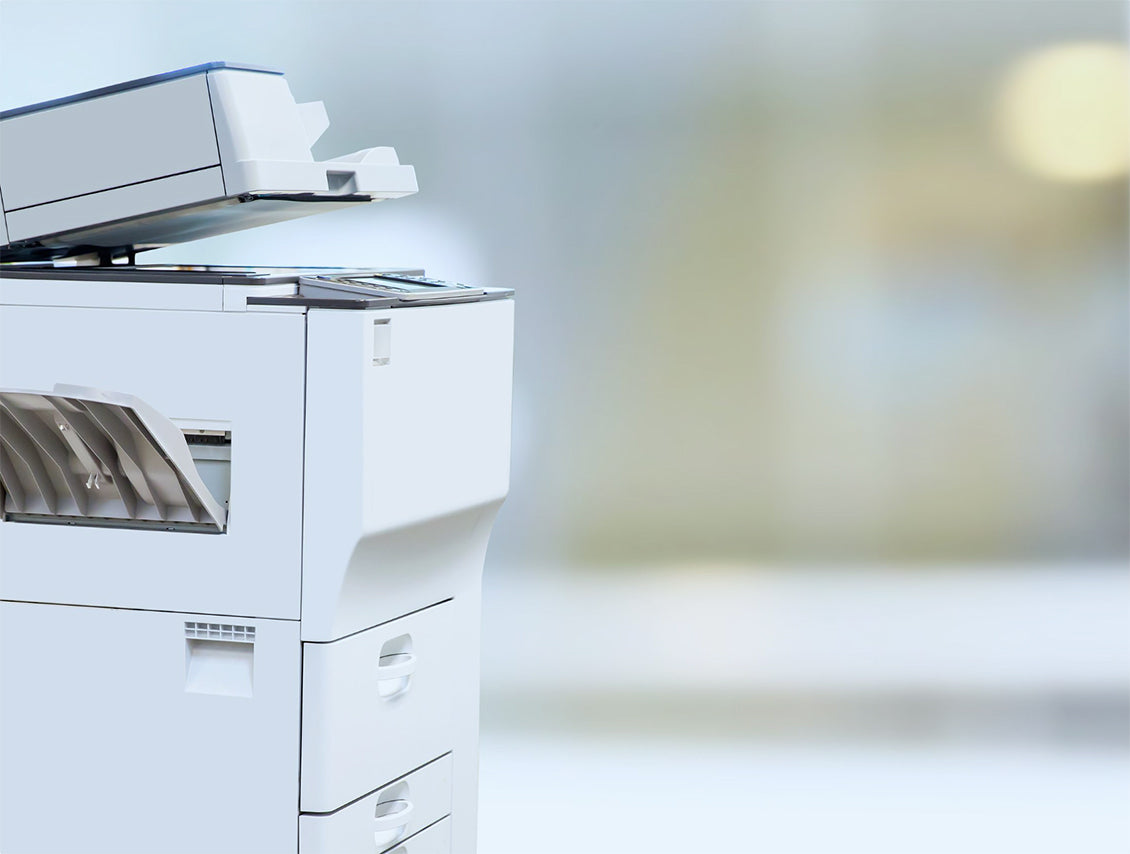 Office copier with paper tray and control panel