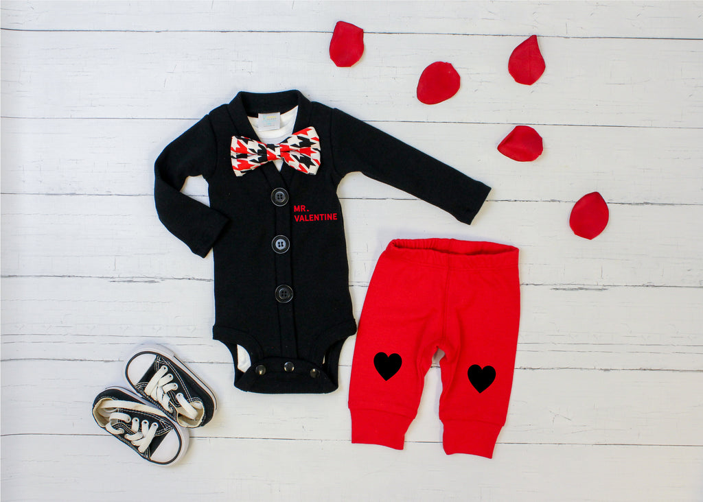 Baby Boy Valentine Outfit - Black Red Houndstooth