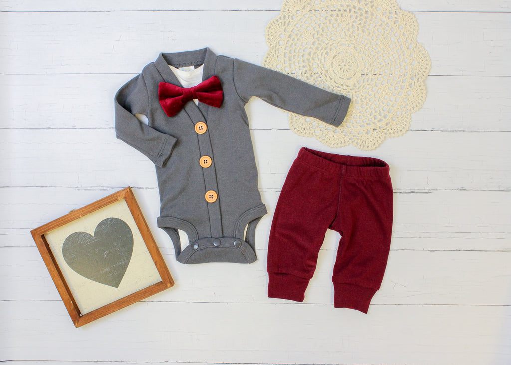 Baby Boy Valentine Outfit - Gray Burgundy