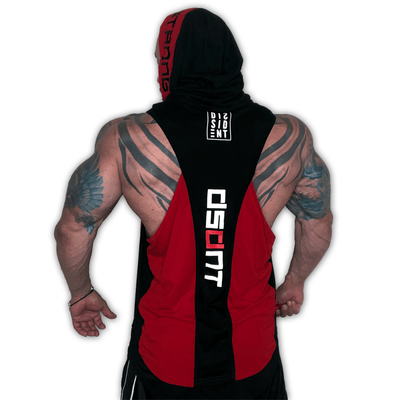 red and black sleeveless hoodie