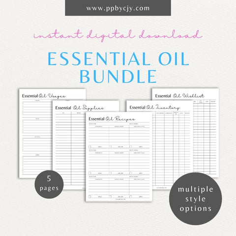 printable template page with columns and rows related to essential oils