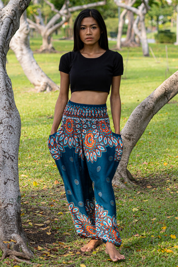 Teal Bamboo Rayon Patterned Palazzo Pants