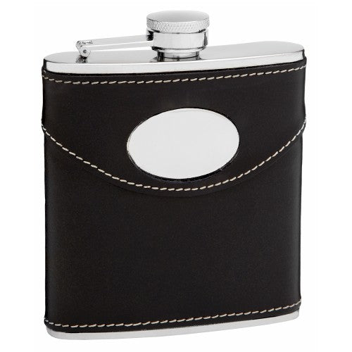 6oz Black Leather Hip Flask with Oval Engraving Area from Flasks.com