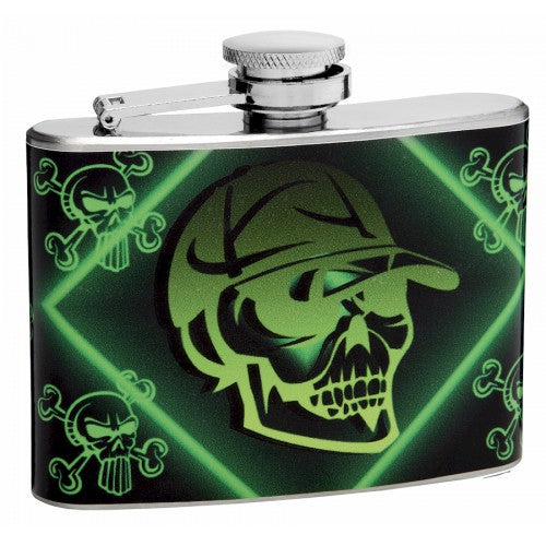 4oz "Mean Green" Skull and Crossbones Pocket Flask from Flasks.com