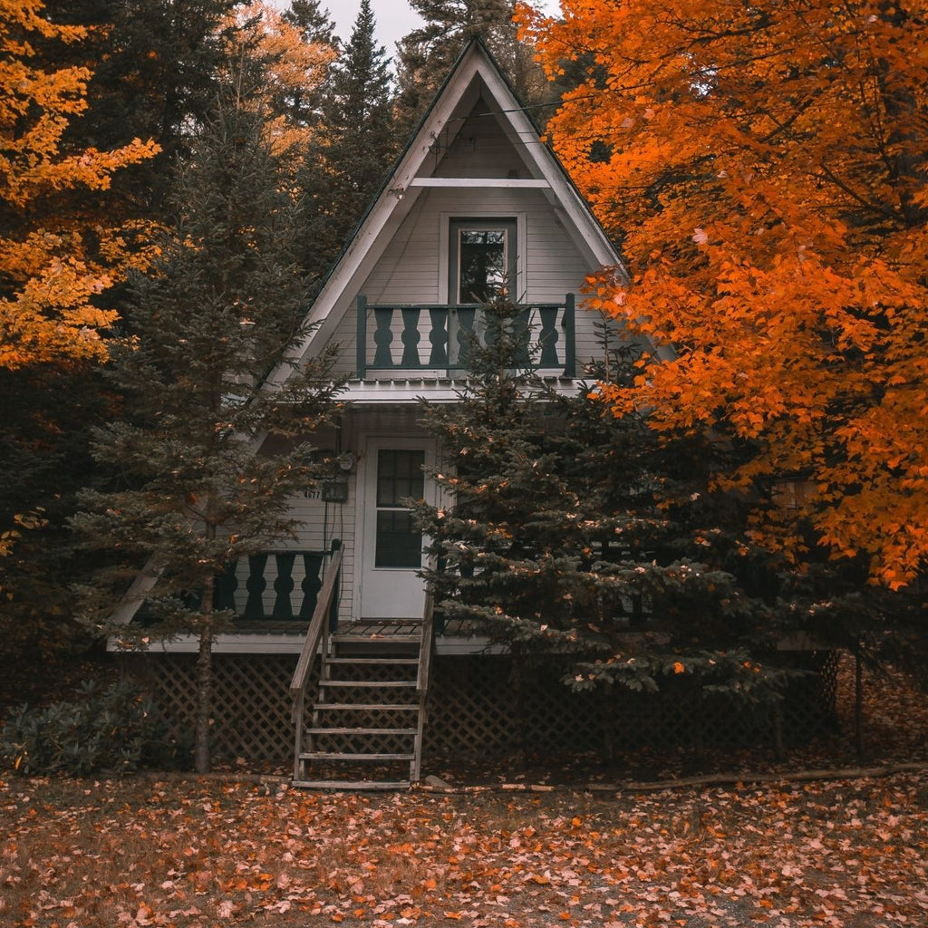 A frame home with glass doors and fall leaves
