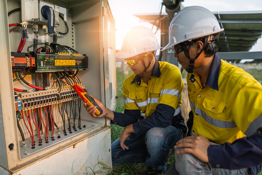 two electricians in hi viz and hard hats looking at some electrical wiring fuseboards