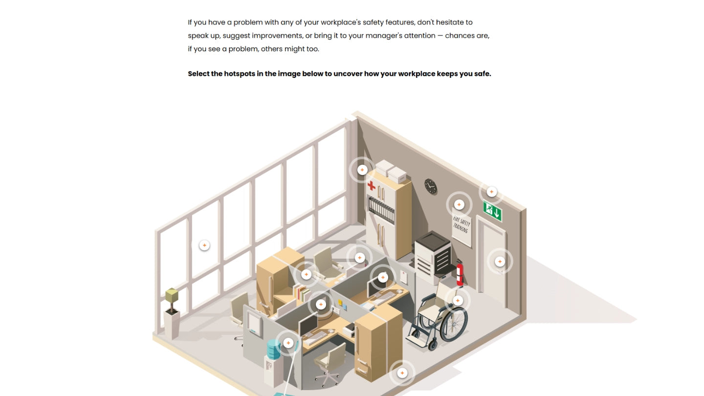 an image from the awareness of health and safety at work course showing an interactive feature from the course of a workplace and the dangers associated with it
