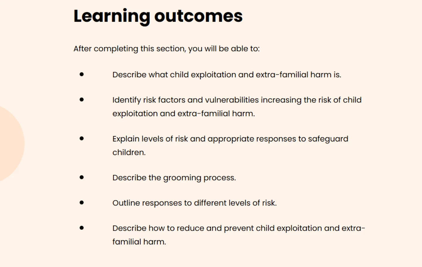 a screenshot from the child exploitation and extra familial harm course showing the learning outcomes of the training