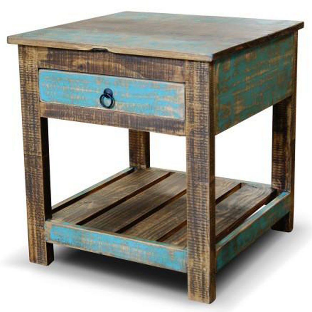 Solid Wood Reclaimed Style Bright Multicolor Distressed End Table Crafters And Weavers