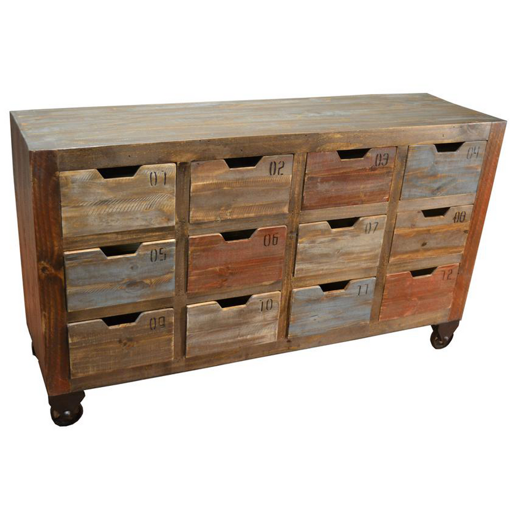 Reclaimed Wood Multicolor Numbered 12 Drawer Dresser Sideboard