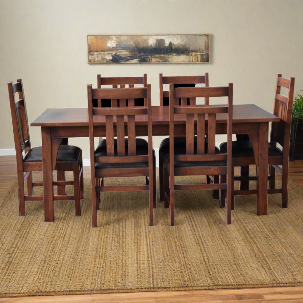 Mission / Craftsman Style 70" Solid Oak Dining Table Set with 6 Chairs