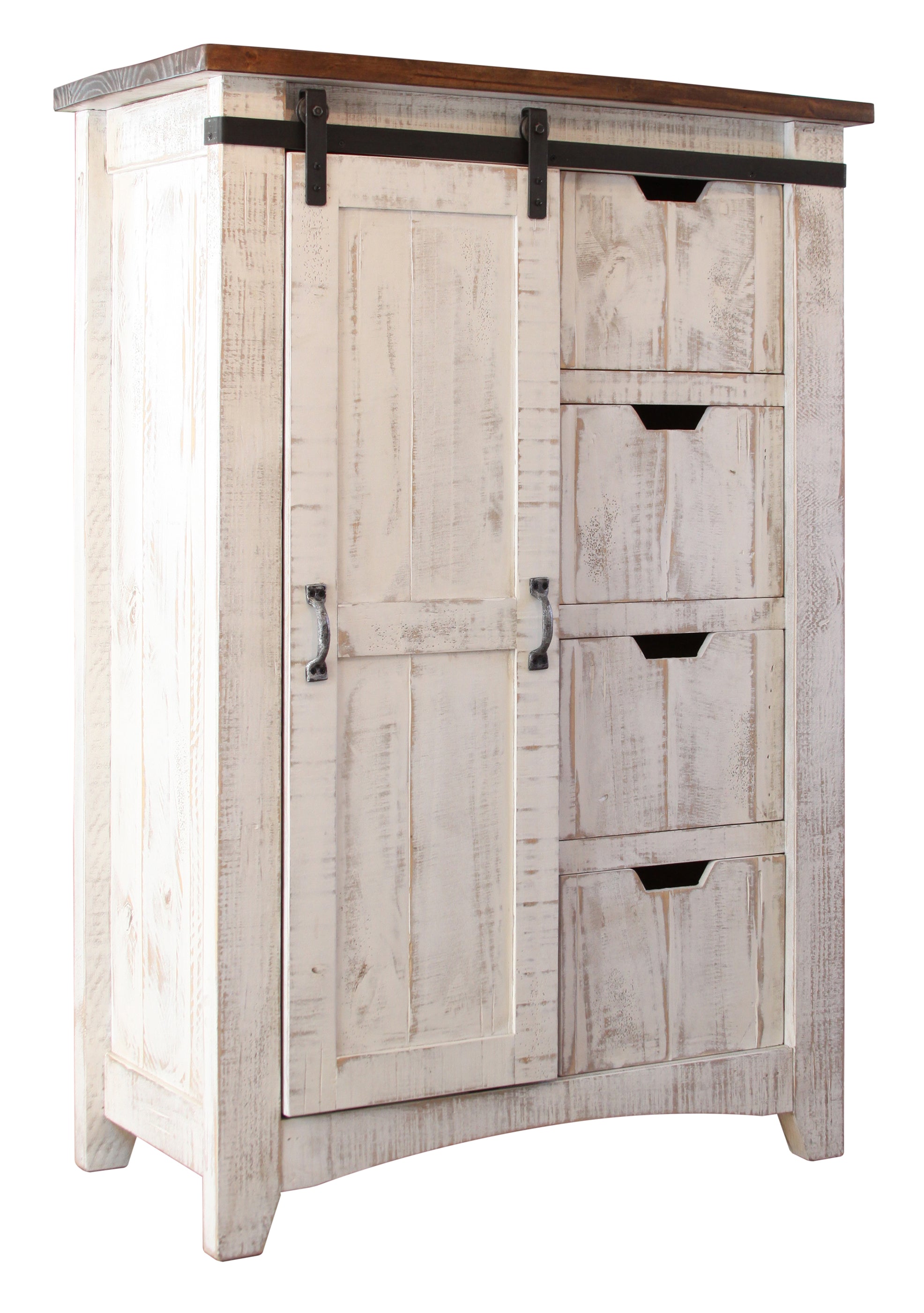 Greenview Barn Door Dresser with 4 drawers and 4 shelves Distressed