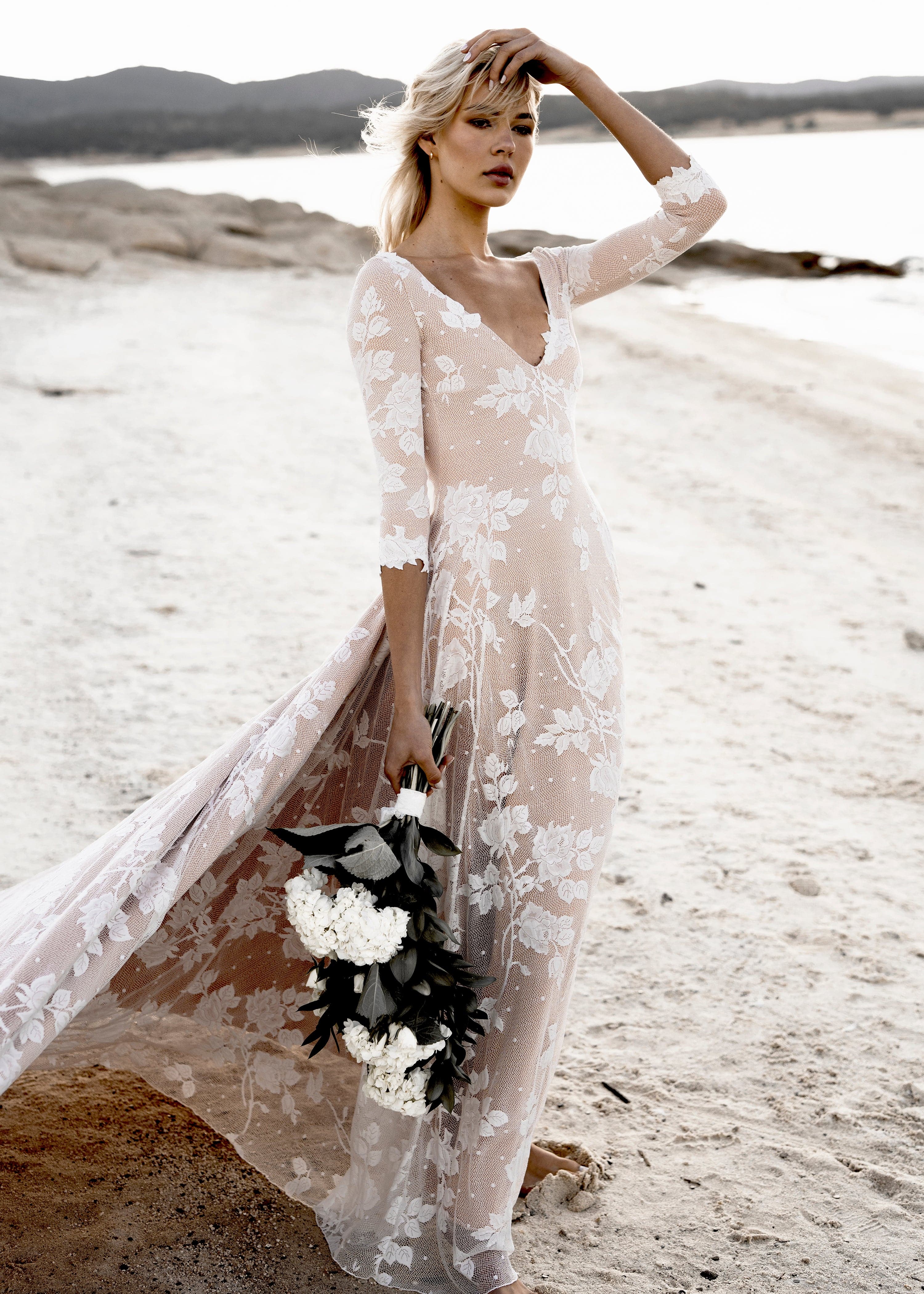 Delicate Lace Wedding Dress/ Bohemian Beige Lace Wedding Dress