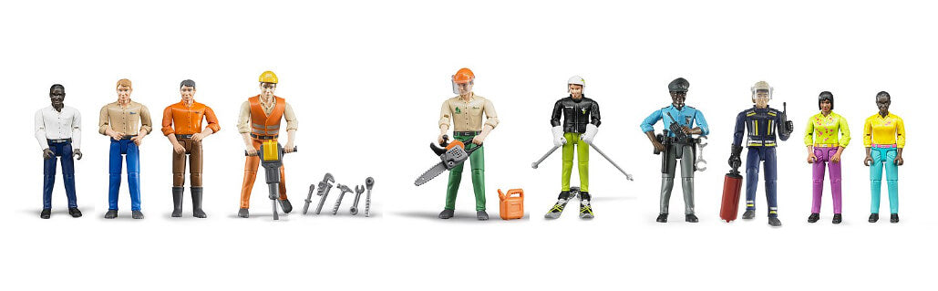 Bruder bWorld figures lined up in various professions.