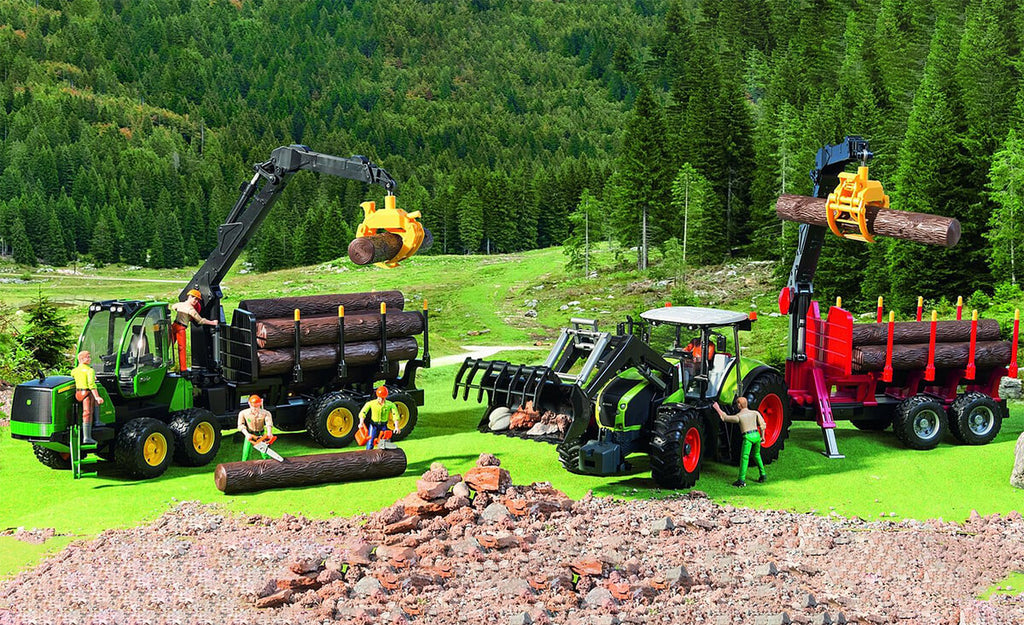 Bruder forestry vehicles include this timber transport and tractor.