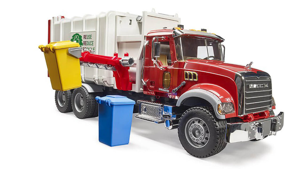 Front quarterview of the Bruder MACK Granite Side-Loading Garbage Truck with trash containers. Highlights the lifter being used.