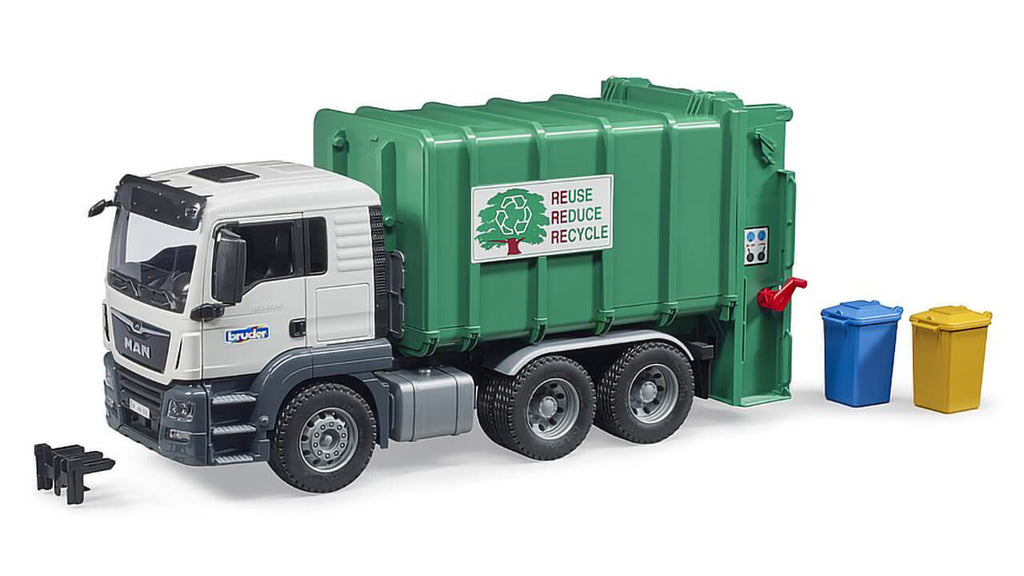 Front quarter view of the Bruder MAN TGS Rear Loading Garbage Truck with garbage bins.