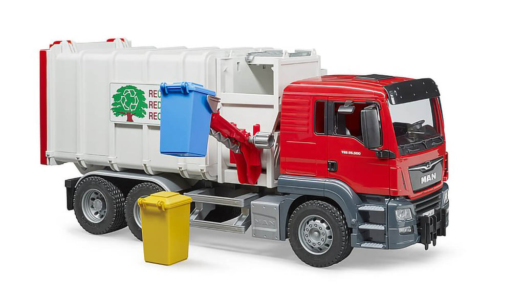 Side view of the Bruder MAN TGS Side Loading Garbage Truck with the lifter being highlighted as it lifts a garbage bin.