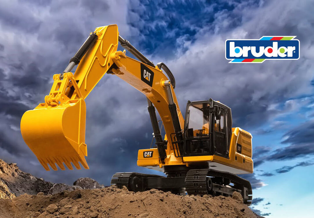 Bruder construction vehicle represented by a Caterpillar excavator.