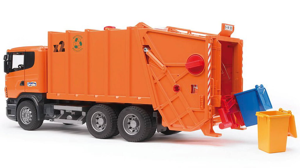 Side view of orange Bruder SCANIA R-Series Rear Loading Garbage Truck
