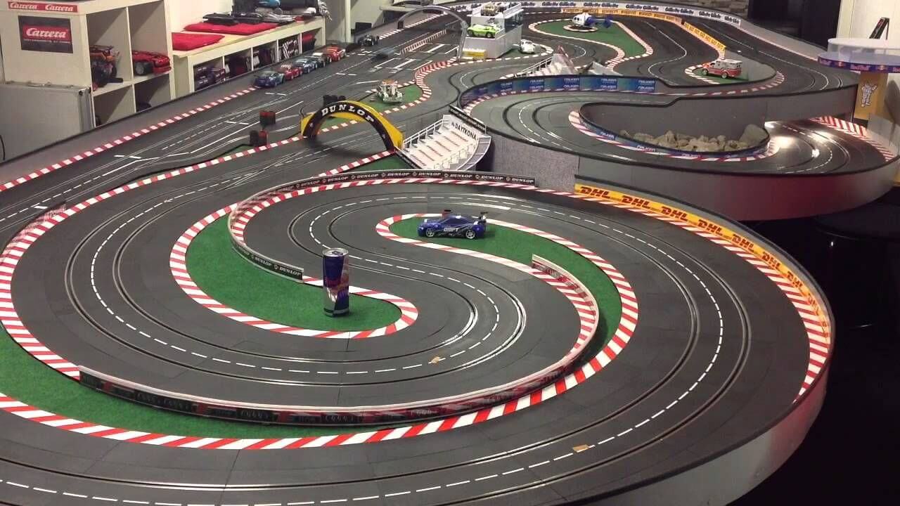 Carrera slot car race track that has been built.