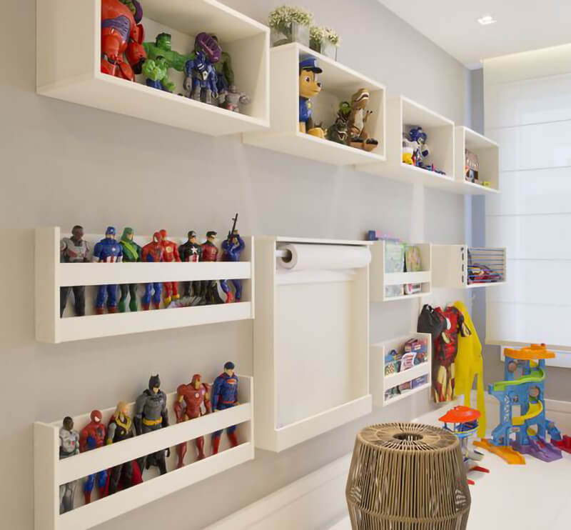 Custom storage option keeps the room open while storing a variety of toys.