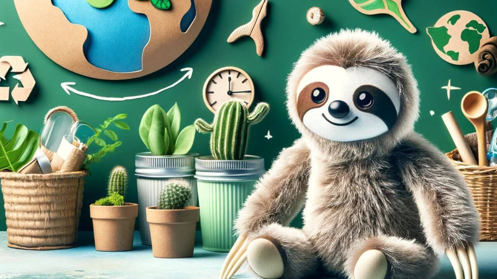 Eco-friendly sloth-toys with a wall in the back showing a variety of eco-friendly wall-hangings.
