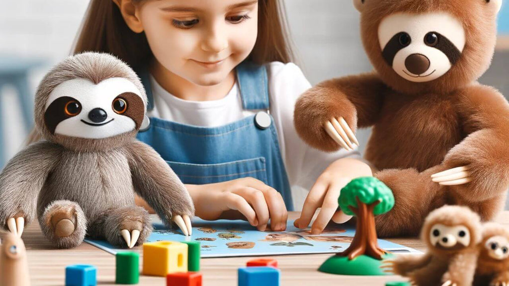 Girl playing with a variety of sloth toys for an educational opportunity.