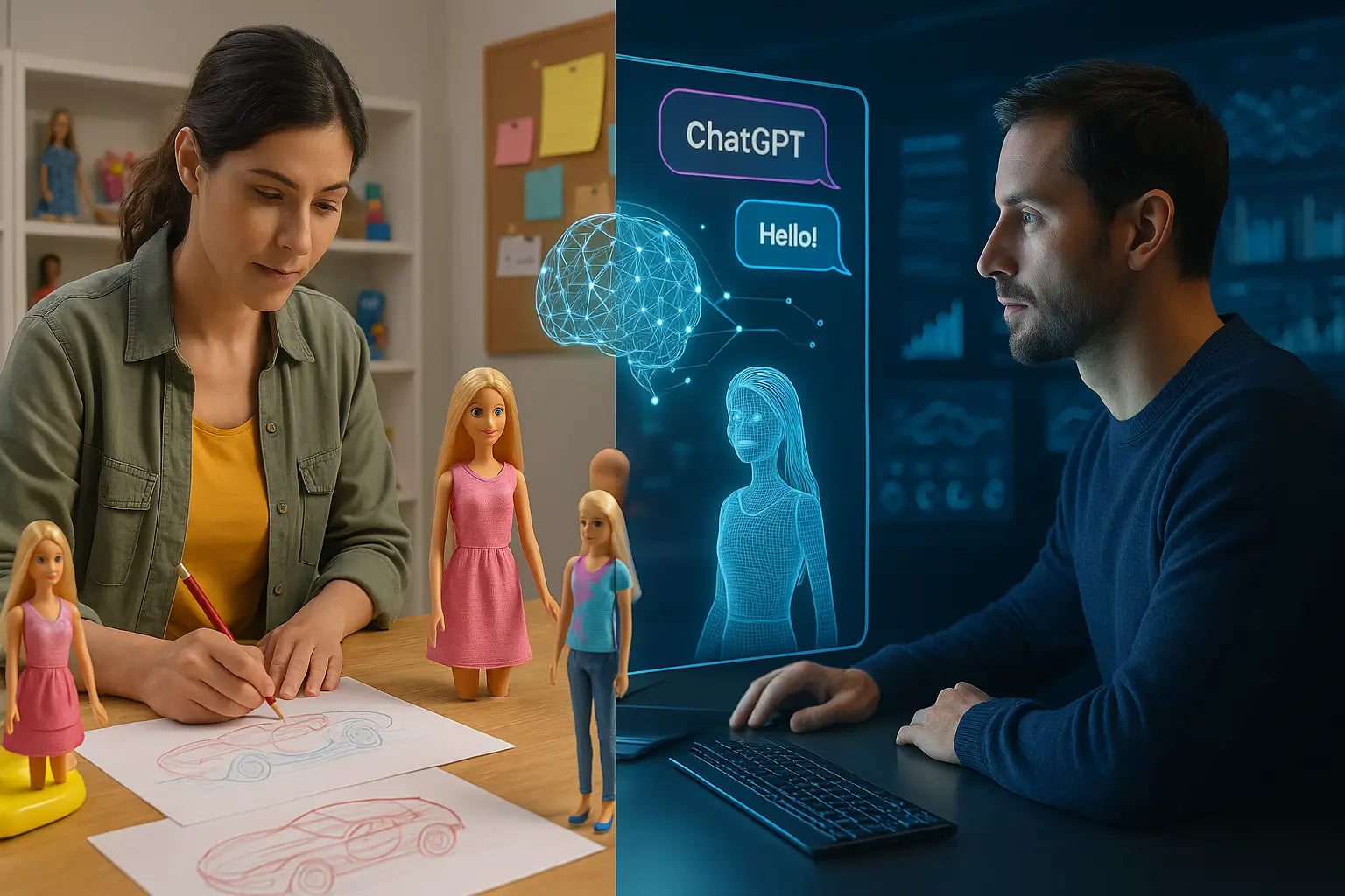 Mattel toy designer and OpenAI developer collaborating on AI-powered toys combining creative play with artificial intelligence technology.