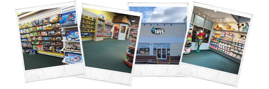Collage of photos from Maziply Toys in Canton, MA showing both the inside and outside of the store.