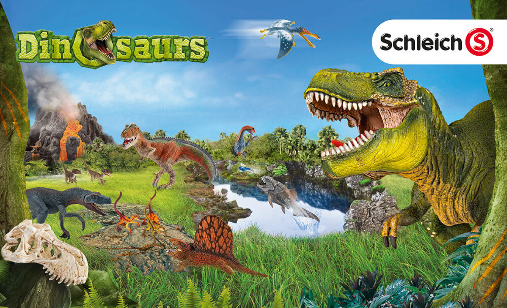 Schleich Dinosaurs logo and a scene of dinosaurs, which prominently displays the Tyrannosaurus Rex on the right.