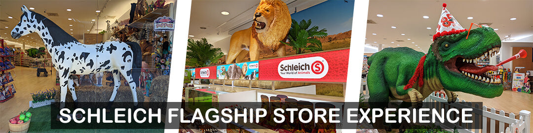 Schleich Flagship Store Experience shows 14-foot T-Rex, life-sized lion, and life-sized horse from Schleich