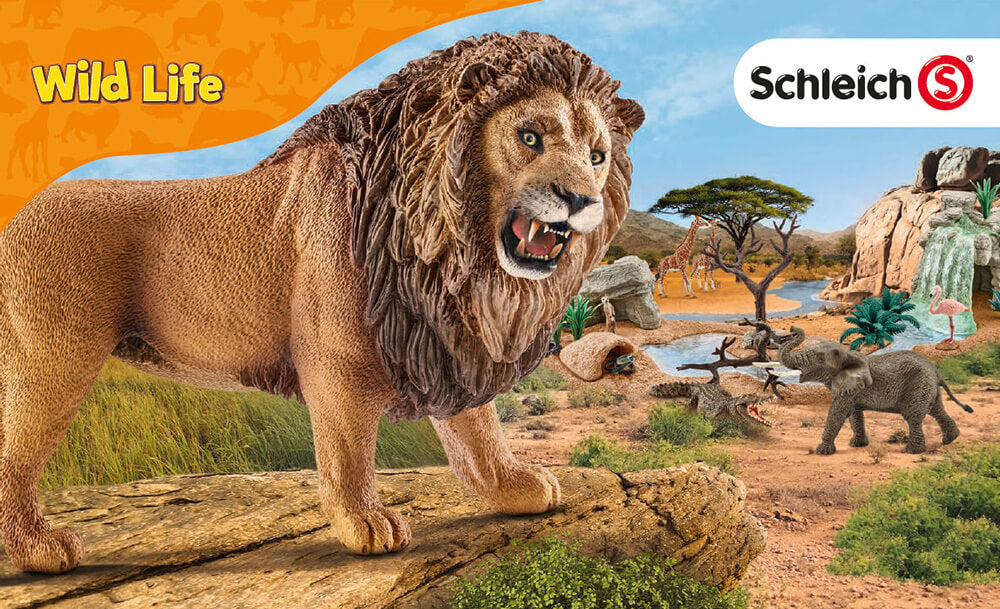 Schleich Wild Life logo featuring a lion in the savanna with an elephant and giraffes in the background at a water source.
