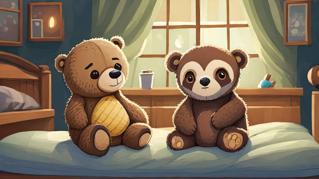 Sloth stuffed animal and a teddy bear both sit on a bed. The teddy bear looks a little concerned next to the sloth toy.