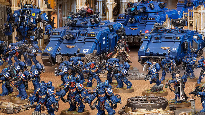 Space Marines army in traditional blue colors.
