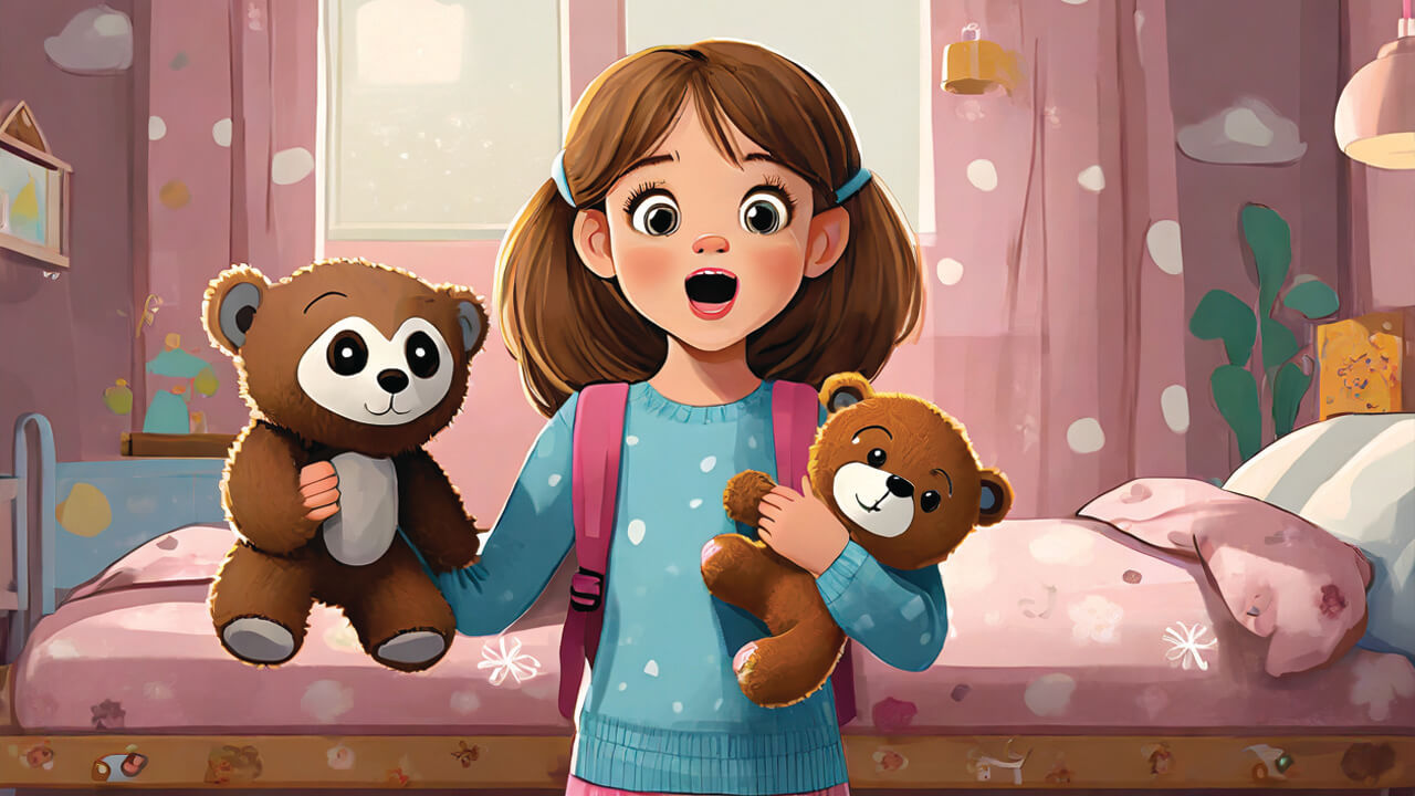 Girl is trying to decide between her teddy bear and her new sloth stuffed animal.