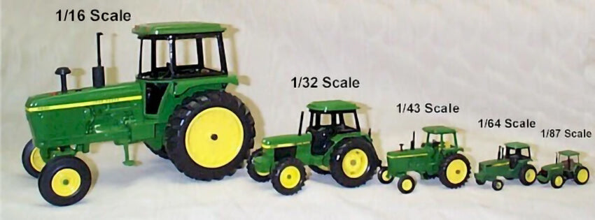 Scale comparison of multiple green tractor toys.