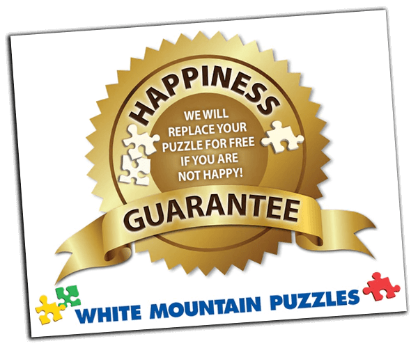 White Mountain Puzzles Happiness Guarantee Badge - WMP will replace your puzzle for free if you are not happy