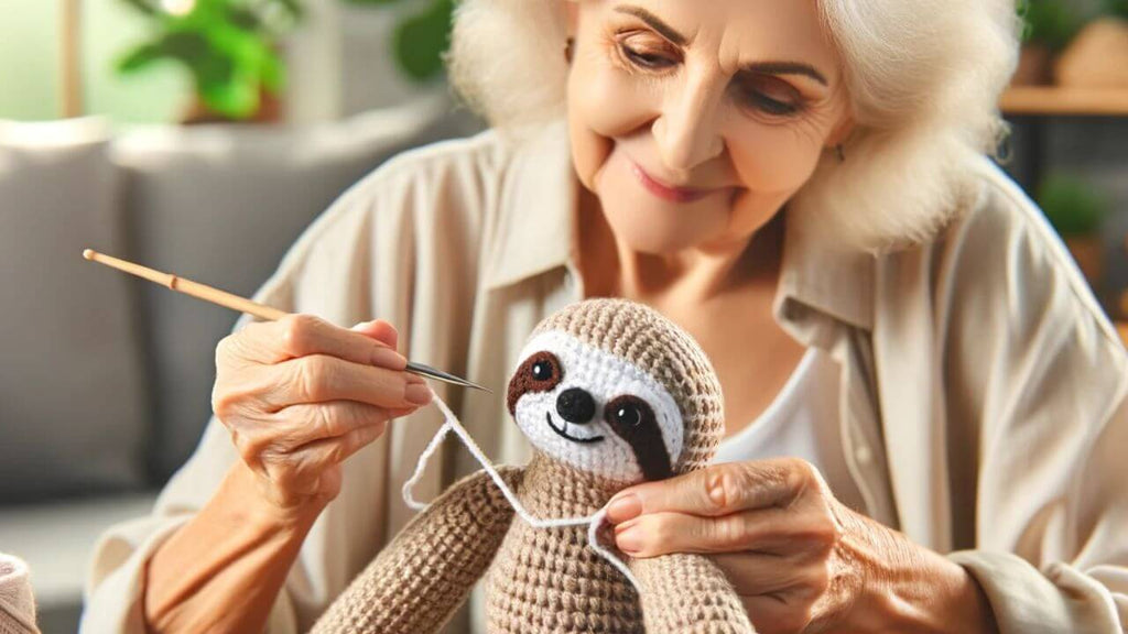 Older woman crocheting an adorable sloth stuffed animal.