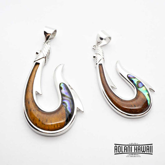 Koa Wood Abalone Fishhook Pendant (Free Stainless Chain Included) 22 inch / Large