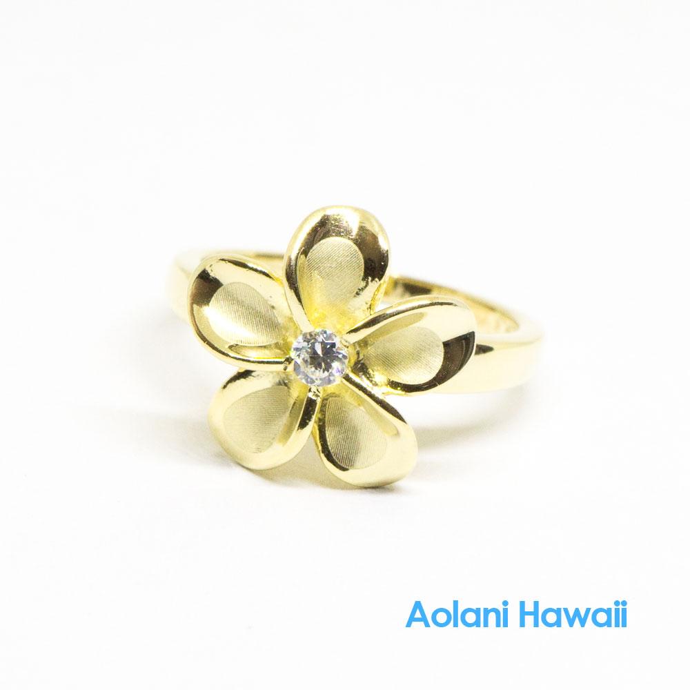 Silver Gold Plumeria Flower Ring With Cz Stone Aolani Hawaii