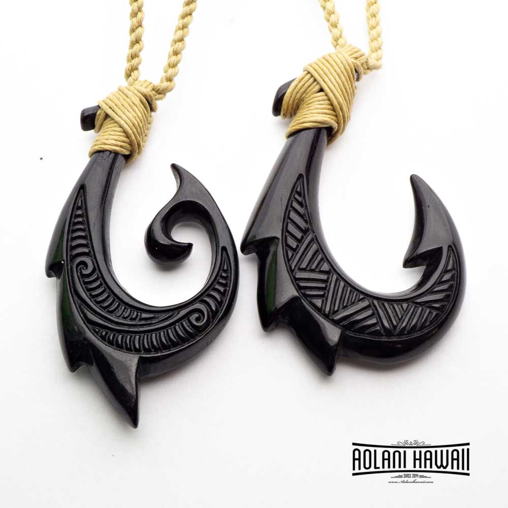 Handmade Hawaiian Black Buffalo Bone Fishhook Pendant Necklace