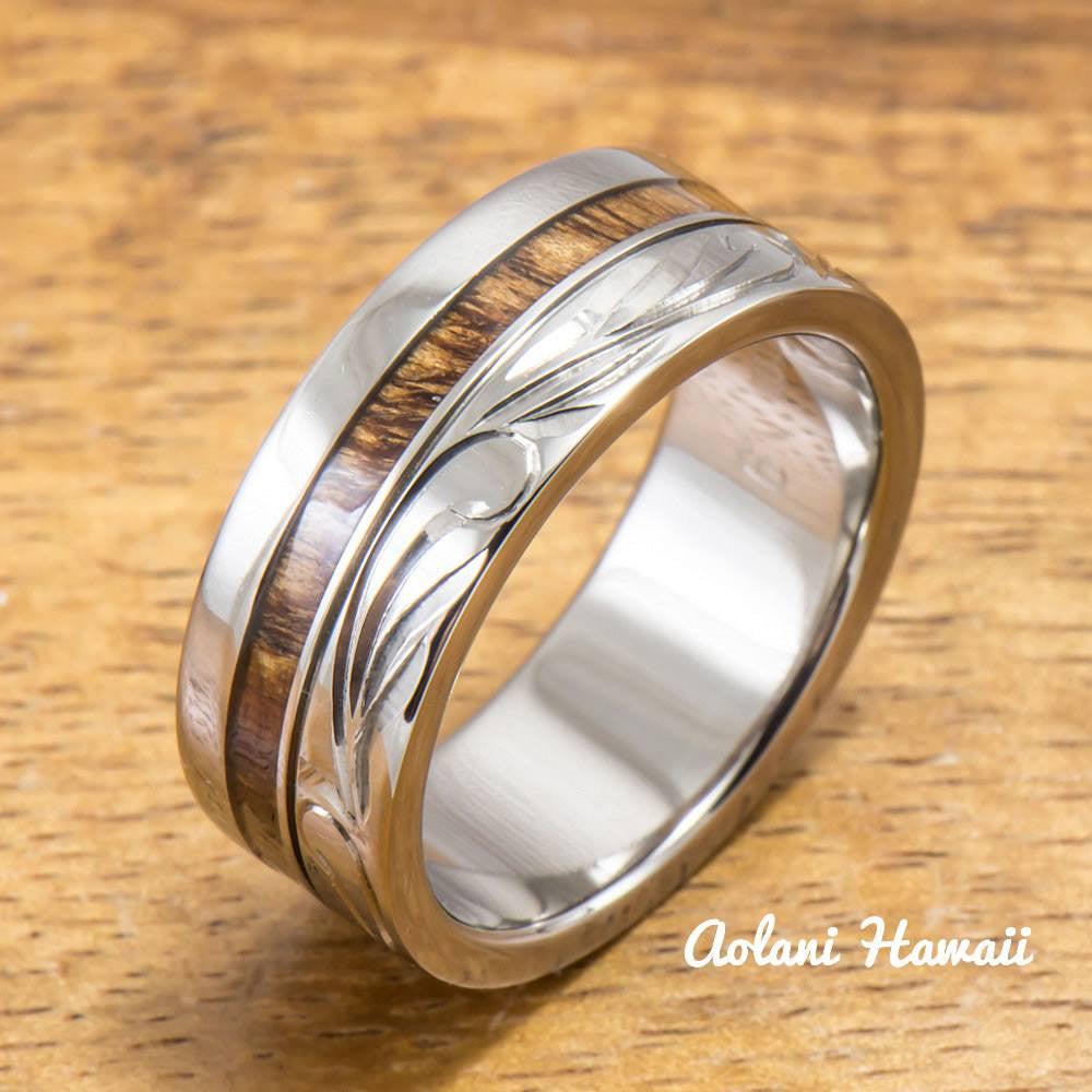 Titanium Wedding  Ring  Set with Hawaiian  Koa Wood Inlay 